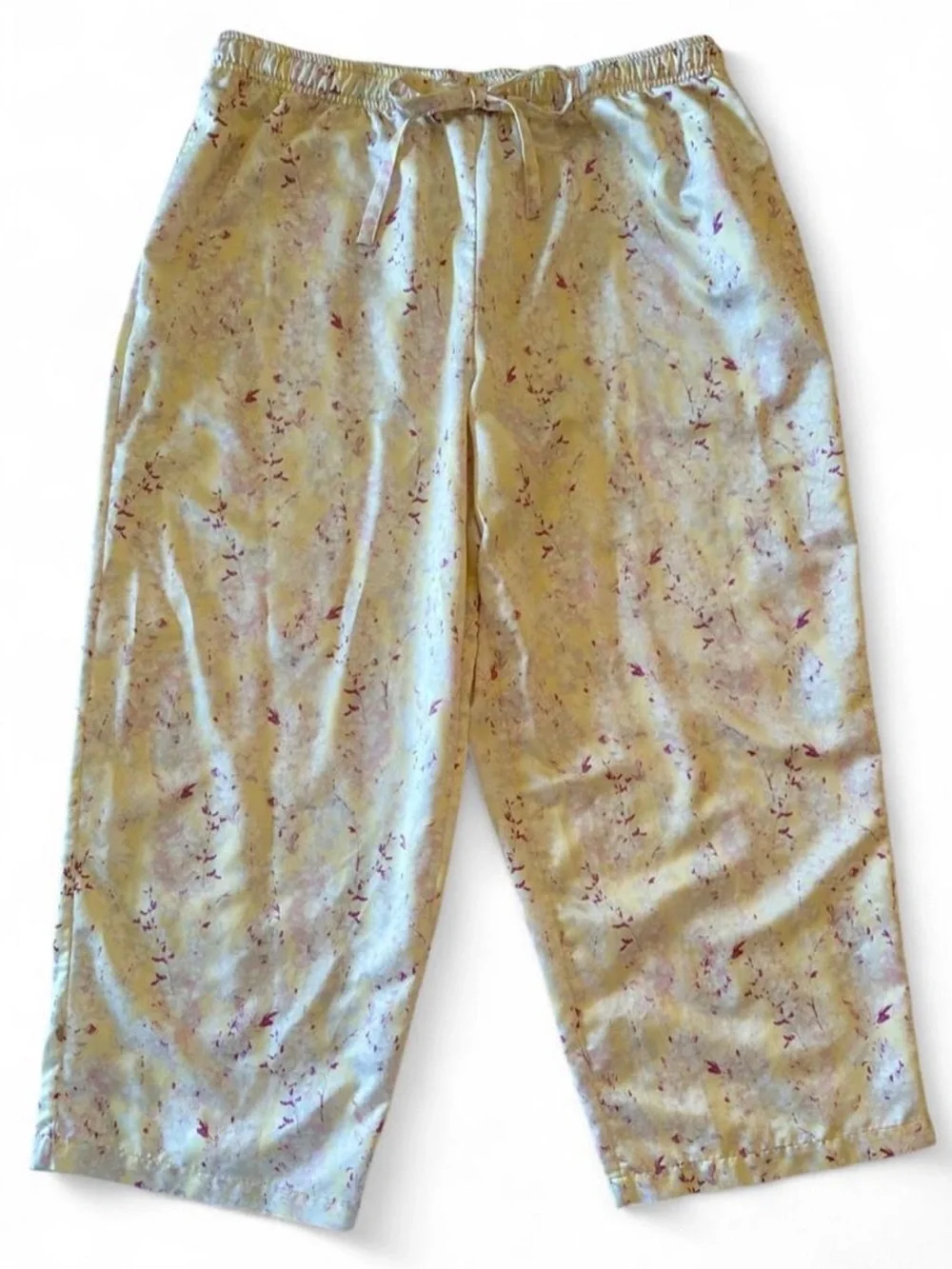 Cabernet Silk Satin Floral Capri Pajama Set L Ruffle Coquette Cottagecore